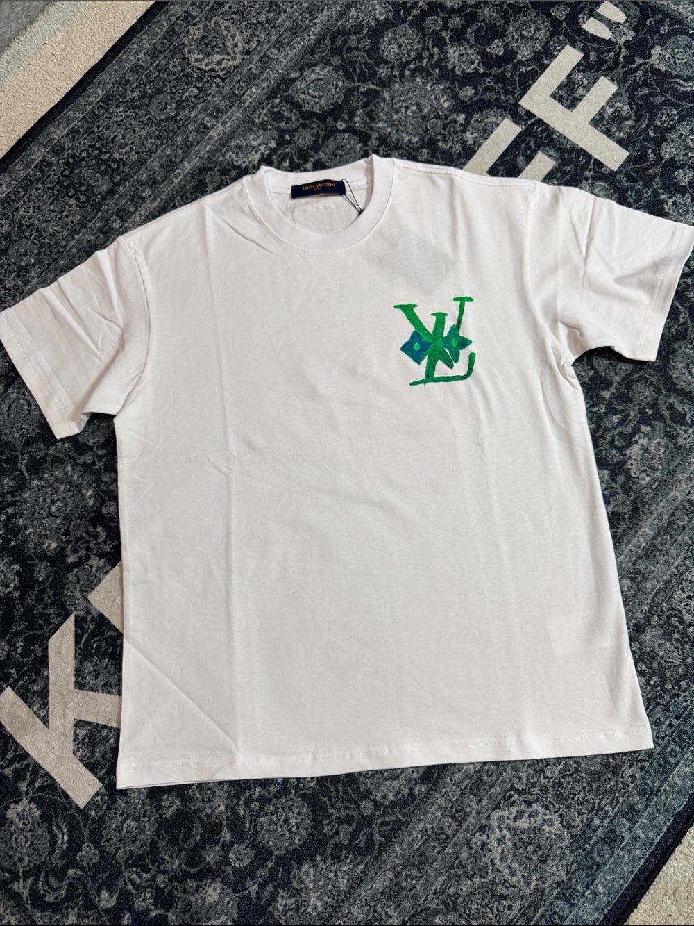 Louis Vuitton White Short-Sleeve Tee with Green Logo